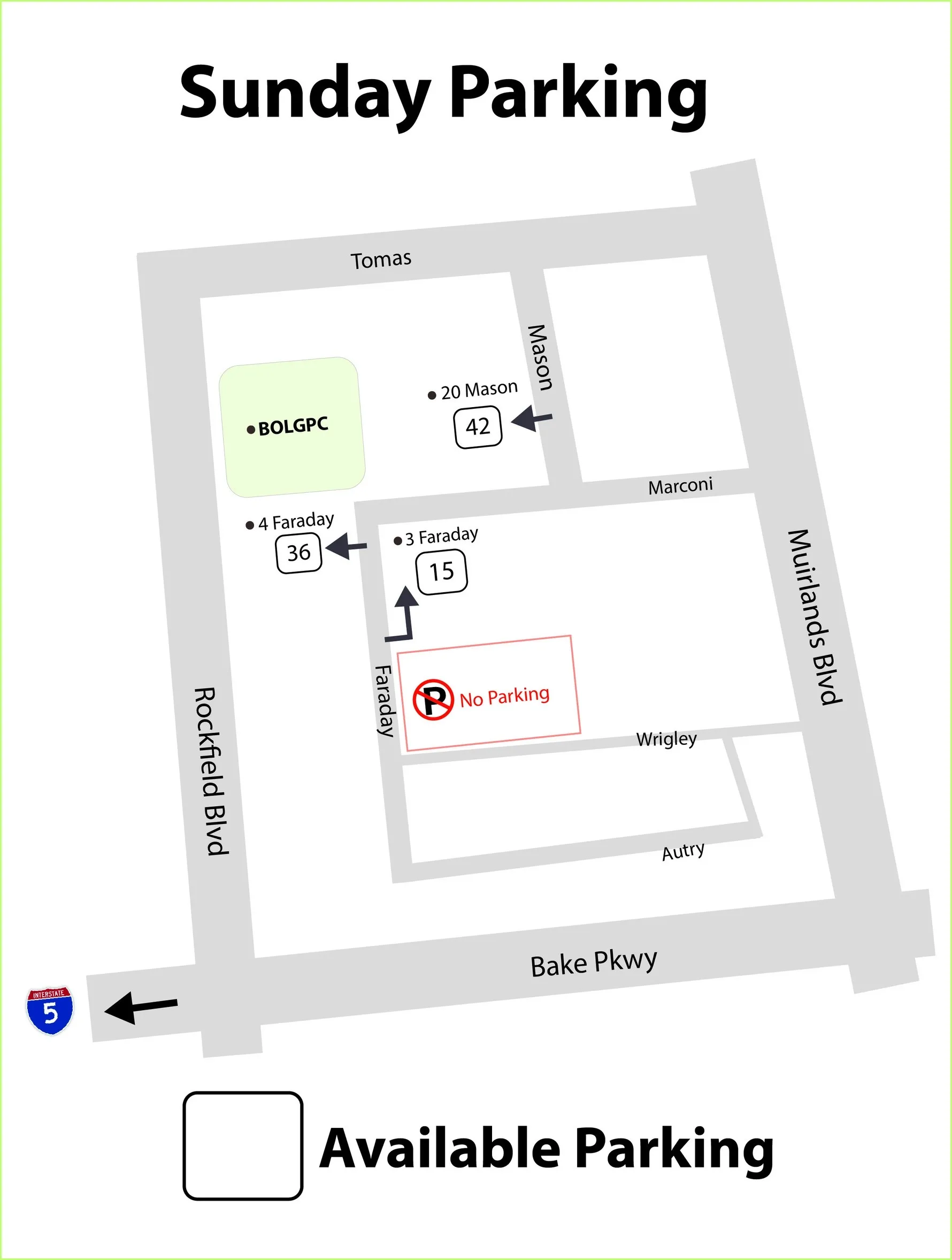 Sunday parking map showing available parking at 4 Faraday, 3 Faraday, and 20 Mason